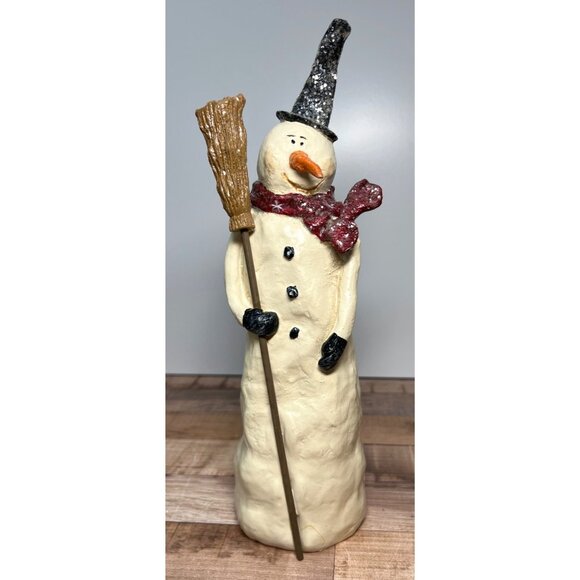 Snowman Figurine With Glitter Hat & Scarf Holding Broomstick Winter Decoration - Picture 1 of 4